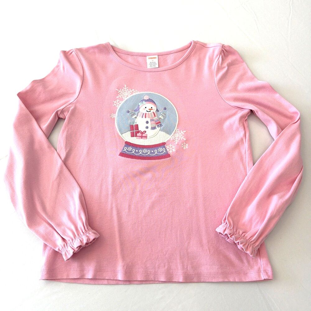 Gymboree Girls 12 Pink T-Shirt L/S Snowman Snow Globe Winter Snowflake Christmas